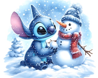 May include: A blue Stitch character from the Disney movie Lilo & Stitch is building a snowman with a red scarf and a blue hat. The background is a snowy winter scene.