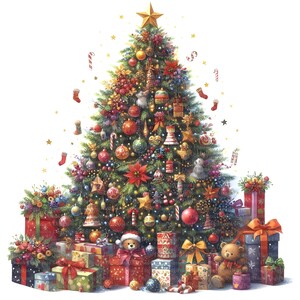 4 Festlich geschmückter Weihnachtsbaum mit Geschenken Clipart, Digitaler Download, JPGs Dateien, sofortiger Download, Druckvorlage