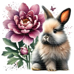 9 Niedliches Häschen mit großer Blüte Clipart, Digitaler Download, JPGs Dateien, sofortiger Download, Druckvorlage