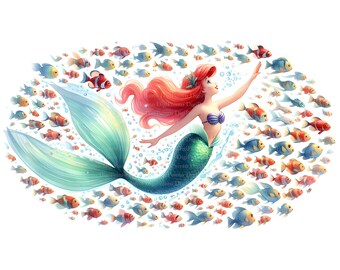 May include: A red-haired mermaid with a green tail swims through a school of colorful fish. The fish are arranged in a circle around the mermaid, creating a whimsical underwater scene.