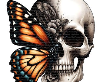 May include: A black and white skull with a monarch butterfly on one side. The butterfly has orange and black wings with blue accents. The skull is surrounded by black and white flowers.