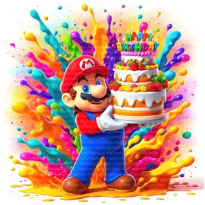 Clipart torta di compleanno di Super Mario, download digitale, file JPG, download istantaneo, modello di stampa