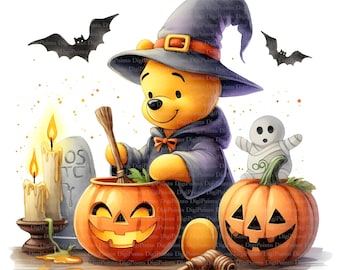 May include: A Winnie the Pooh bear dressed as a witch stirring a cauldron with a broom. The cauldron is a jack-o'-lantern. There are two lit candles, a tombstone, and a mummy ghost on a pumpkin.
