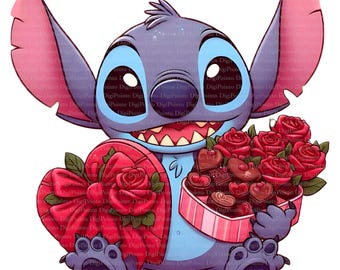 May include: A cartoon illustration of Stitch, a blue alien character, holding a heart-shaped box of chocolates and a bouquet of red roses. The image has a white background and is in a digital art style.