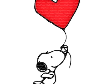 May include: A black and white cartoon illustration of Snoopy holding a red heart-shaped balloon.