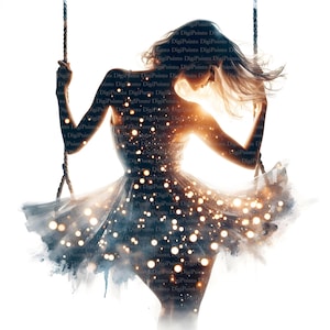 Frau mit Lichterkettenkleid, Digitaler Download, ohne Hintergrund, Transparente PNG, sofortiger Download, Druckvorlage