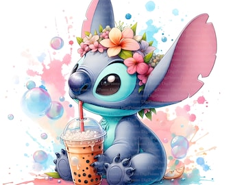 Stitch with Bubble Tea Clipart, Digital Download, JPGs Files, Instant Download, Printable