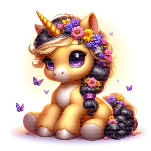Süßes Einhorn mit Blumen und Schmetterlingen Clipart, Digitaler Download, JPGs Dateien, sofortiger Download, Druckvorlage