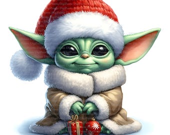 May include: A green, cartoon character wearing a red and white Santa hat and a brown coat with white fur trim. The character is holding a red gift box and a red and white Christmas ornament.
