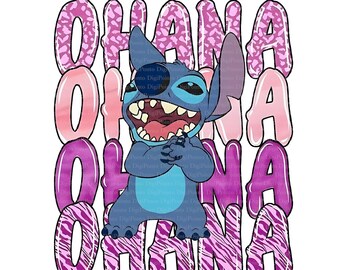 May include: A blue cartoon character with large ears and a wide grin, standing in front of the word "OHANA" in pink and purple bubble letters. The letters have a zebra print pattern.