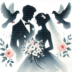 6 Brautpaar Silhouette Tauben Hochzeit Clipart, Digitaler Download, JPGs Dateien, sofortiger Download, Druckvorlage