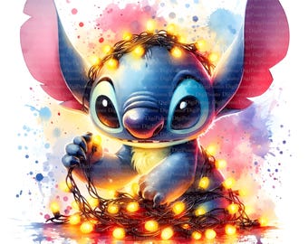 May include: A blue cartoon character with large ears is holding a string of yellow Christmas lights. The character is surrounded by a watercolor background with pink, blue, and yellow splatters.