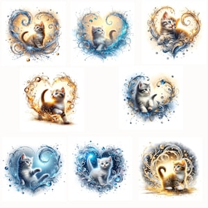 8 Süßes Kätzchen Wasserherz Clipart, Digitaler Download, JPGs Dateien, sofortiger Download, Druckvorlage