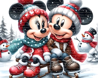 May include: Mickey Mouse and Minnie Mouse are ice skating on a snowy day. They are wearing winter clothes, including hats, scarves, and mittens. They are smiling and holding hands. There are two snowmen in the background.