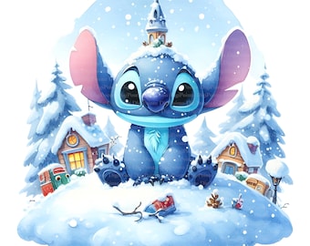 May include: A blue Stitch character from the Disney movie Lilo & Stitch is sitting in a snowy winter scene. Stitch is wearing a blue and white winter hat and is surrounded by snow-covered houses and trees.