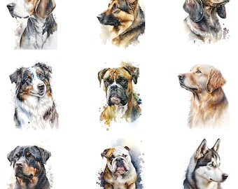 May include: Watercolor portraits of various dog breeds, including a Beagle, German Shepherd, Dachshund, Australian Shepherd, Boxer, Golden Retriever, Rottweiler, Bulldog, and Husky. Each dog is depicted in a side profile against a white background.
