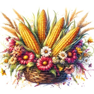 Maiskolben im Korb Blumen Clipart, Digitaler Download, JPGs Dateien, sofortiger Download, Druckvorlage