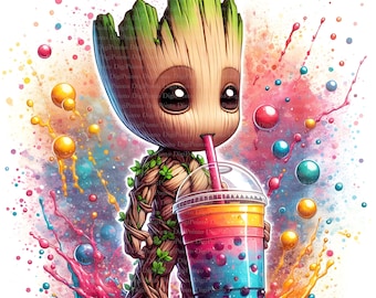 May include: A cartoon illustration of a green, brown, and leafy character, Groot, drinking a colorful bubble tea with a straw. The background is a colorful watercolor splatter pattern with rainbow colors.