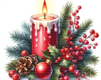 May include: A red candle with white wax dripping down the sides, surrounded by green holly leaves, red berries, and a pine cone. A red Christmas ornament hangs from the candle.