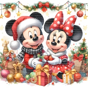 4 Mickey & Minnie Maus feiern Weihnachten Clipart, Digitaler Download, JPGs Dateien, sofortiger Download, Druckvorlage