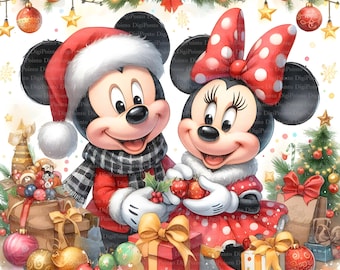May include: Mickey Mouse and Minnie Mouse dressed in red and white winter outfits with Santa hats, holding red berries and surrounded by Christmas presents, ornaments, and a Christmas tree.