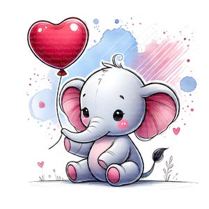 6 Kleiner Elefant mit Herzballon Clipart, Digitaler Download, JPGs Dateien, sofortiger Download, Druckvorlage