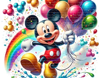 May include: Mickey Mouse, a beloved cartoon character, is depicted in a colorful illustration. He is holding a bunch of balloons in his right hand, and his left foot is stepping on a puddle of colorful paint. A rainbow arches behind him, and the background is filled with confetti and more balloons.