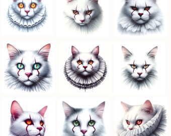 May include: Nine images of white cats with red clown makeup and a white ruffled collar. The cats are looking directly at the viewer.