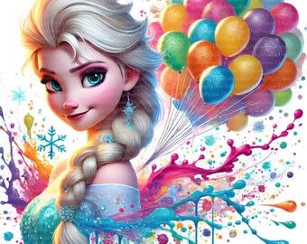 May include: A digital illustration of a young woman with long blonde hair, wearing a blue dress, with a colorful paint splatter background and a bunch of colorful balloons in the background.