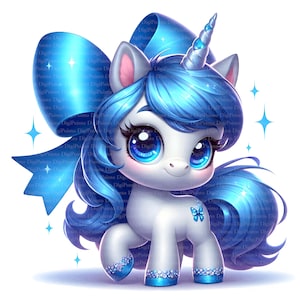 Blaues Einhorn mit Schleife Clipart, Digitaler Download, JPGs Dateien, sofortiger Download, Druckvorlage