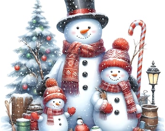 May include: Three snowmen standing in front of a decorated Christmas tree. The largest snowman is wearing a black top hat and a red scarf. The middle snowman is wearing a red knit hat and a red scarf. The smallest snowman is wearing a red knit hat and a red scarf. There is a candy cane and a street lamp in the background.