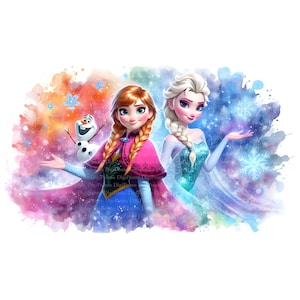 Anna, Elsa & Olaf Aquarell Splash Regenbogen Clipart, Digitaler Download, JPGs Dateien, sofortiger Download, Druckvorlage