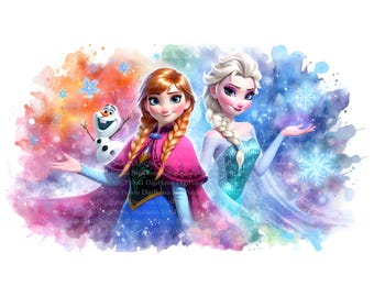 Anna, Elsa & Olaf Watercolor Splash Rainbow Clipart, Digital Download, JPGs Files, Instant Download, Printable