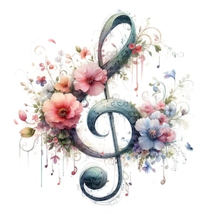 8 Notenschlüssel mit Blumen Clipart, Digitaler Download, JPGs Dateien, sofortiger Download, Druckvorlage