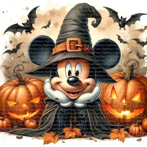 May include: A Halloween-themed illustration featuring Mickey Mouse in a witch's hat and cape, flanked by jack-o'-lanterns and bats. The image has a watercolor style with orange, black, and brown tones, perfect for seasonal decor.
