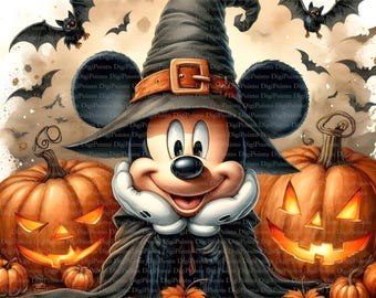 May include: A Halloween-themed illustration featuring Mickey Mouse in a witch's hat and cape, flanked by jack-o'-lanterns and bats. The image has a watercolor style with orange, black, and brown tones, perfect for seasonal decor.