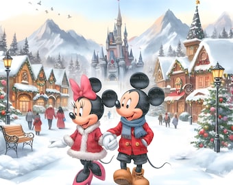 May include: Mickey Mouse and Minnie Mouse are walking hand-in-hand in a snowy winter wonderland. They are dressed in red and white winter outfits. In the background, there is a snow-covered village with a castle in the distance.