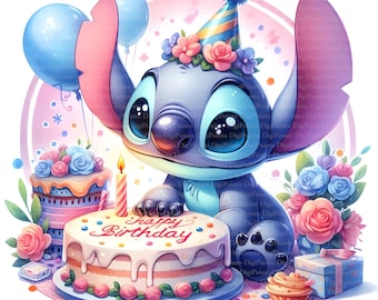 May include: A blue cartoon character wearing a party hat and a flower crown, holding a candle next to a birthday cake that says "Happy Birthday".