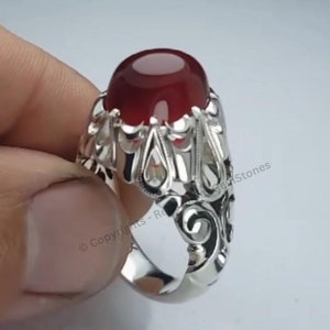 Original Mens Yemeni Dark Red Aqeeq Agate Ring Handcrafted Pure Sterling Silver 925 Red Agate Ring Genuine Red Agate Ring For Men