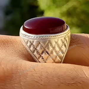 Luxury Men&#39;s Red Yemeni Agate Ring Unique 925 Sterling Silver Red Agate Gemstone Ring Anniversary Gift Agate Ring
