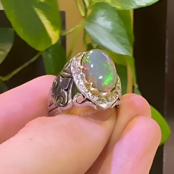 Original White Fire Opal Beautiful Opal Ring Gold Plated Sterling