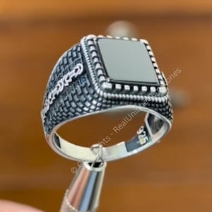 Unique Men&#39;s Black Yemeni Aqeeq Agate Gemstone Ring Sterling Silver 925 Black Agate Ring For Men