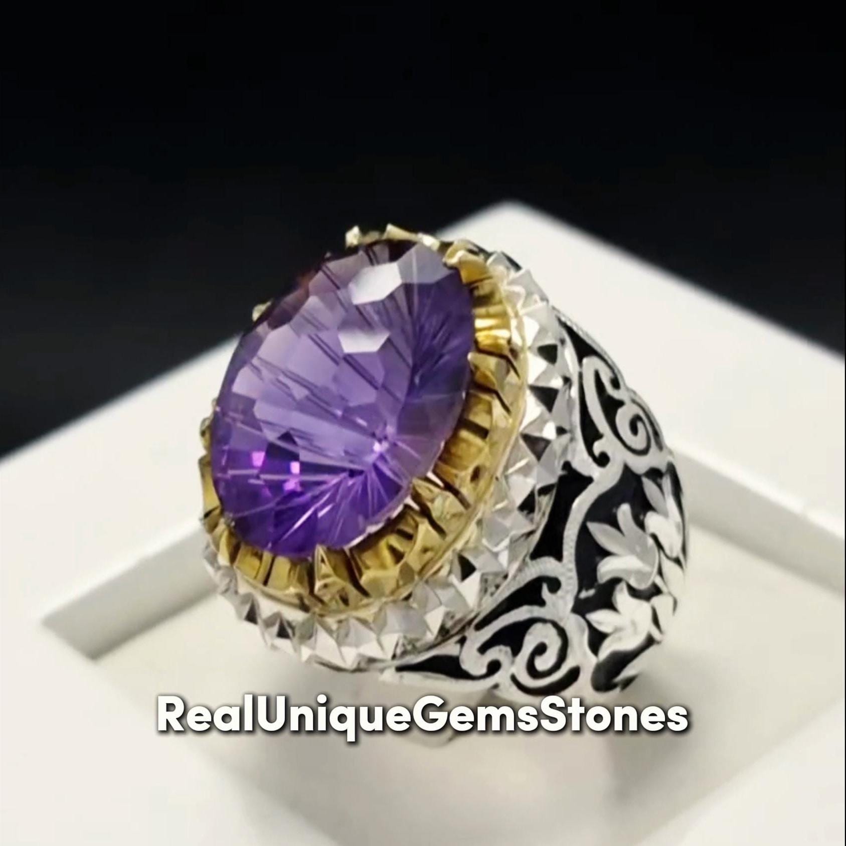 Beautiful Purple Natural Amethyst Mens Ring 925 Sterling Silver