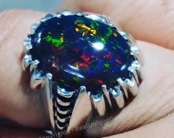 Natural Black Fiery Opal Ring Handmade 925 Sterling Silver Opal