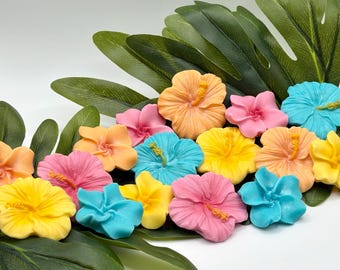 Tropical Flower Sugarpaste Cake Topper. Edible Fondant Flowers Mixed Pink Peach Blue and Yellow