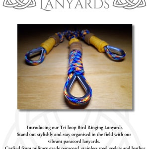 May include: Tri Loop Lanyards with a vibrant design. The lanyards feature a tri-loop design with colourful paracord, stainless steel eyelets, and leather trim. The text "TRI LOOP LANYARDS" is at the top.