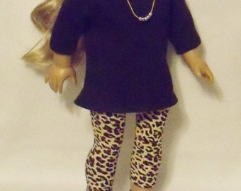 Black Tunic T Shirt Top & Leopard Leggings + Necklace for 18 inch Dolls