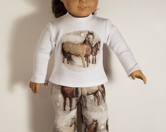 Long Sleeve Knit Top with Flannel Horses in the Snow Pajama bottoms, Optional House Shoes for 18 inch Dolls