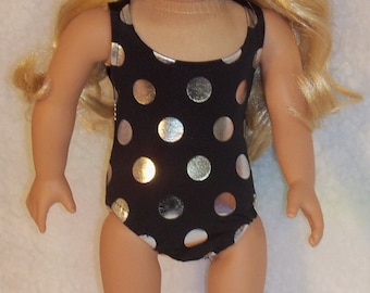 Silver Metallic Polka Dots  on Black Stretch Lycra Swimsuit for 18 inch Doll