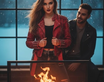 Handmade Red & Black Spiked Leather Jacket: Punk Biker Coat